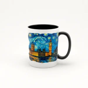 Taza de cerámica blanca con asa negra, decorada con una imagen nocturna de Londres al estilo de Van Gogh, mostrando el Big Ben y el Palacio de Westminster bajo un cielo estrellado vibrante.