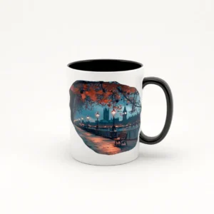 Taza de cerámica blanca con asa negra, decorada con una imagen de un paisaje otoñal en Londres, mostrando un camino iluminado por faroles y árboles con hojas de colores cálidos, con el Big Ben y el Palacio de Westminster al fondo.
