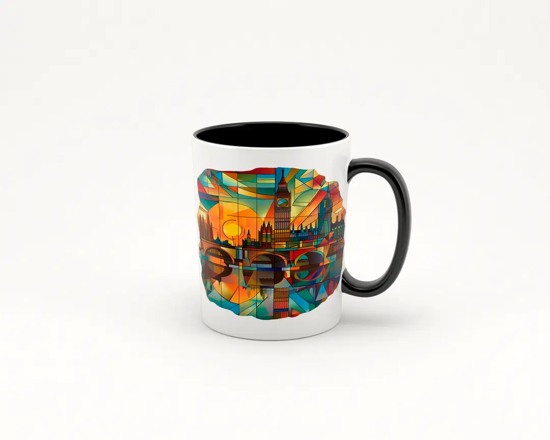 Taza de cerámica blanca con asa negra, decorada con una imagen de un amanecer en Londres al estilo art deco, mostrando el Big Ben y el Palacio de Westminster con colores vibrantes y geométricos.