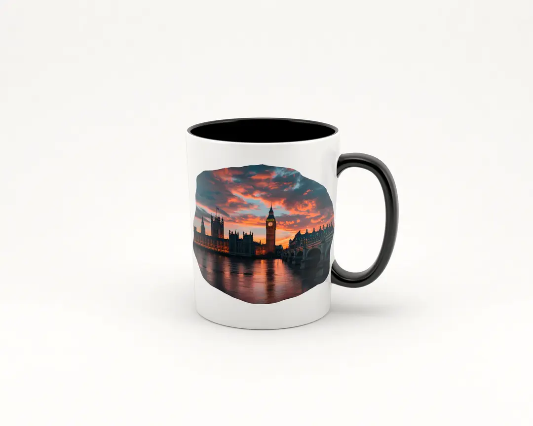 Taza de cerámica blanca con asa negra, decorada con una imagen de un atardecer en Londres, mostrando el Big Ben y el Palacio de Westminster reflejados en el Támesis bajo un cielo colorido.