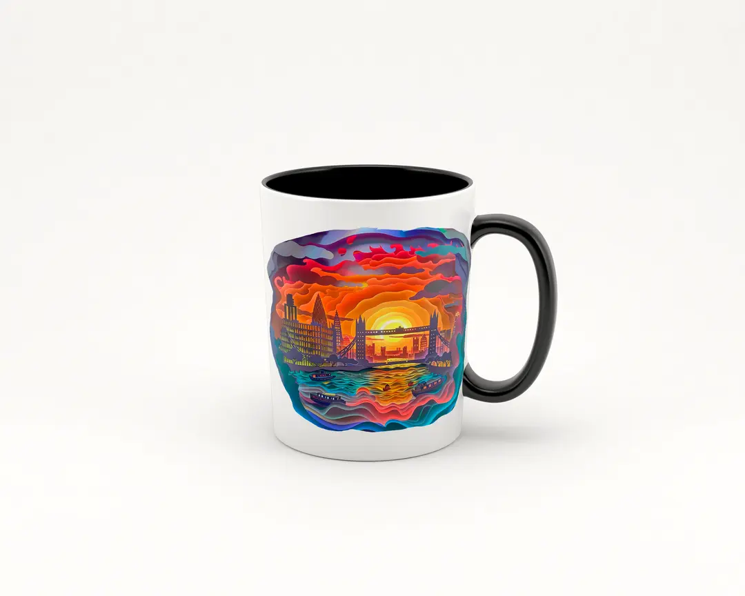 Taza de cerámica blanca con asa negra, decorada con una imagen de un atardecer en Londres al estilo paper cut, mostrando el Tower Bridge y otros íconos londinenses con colores cálidos y un efecto tridimensional.